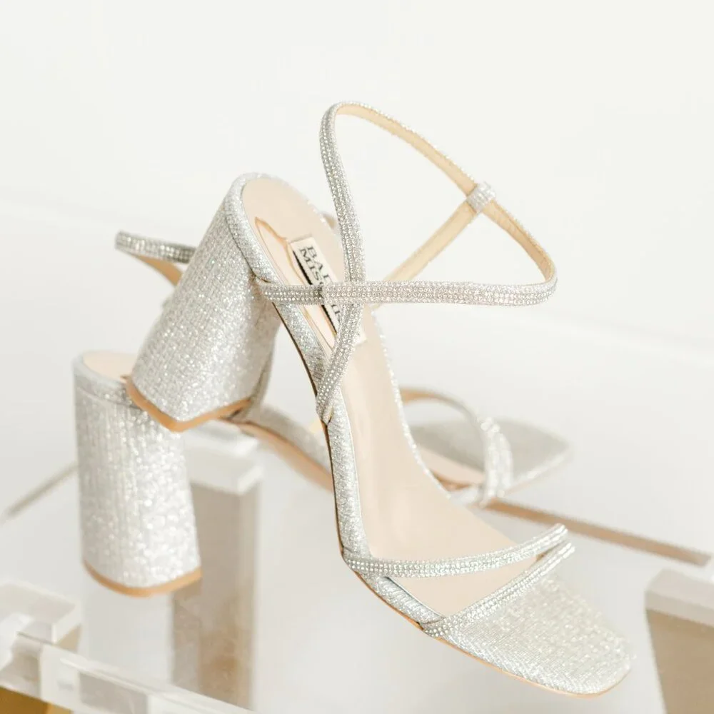 Badgley Mischka Rebekah Platinum Silver Women 8 Block Heel Sandal Fabric - Picture 12 of 14